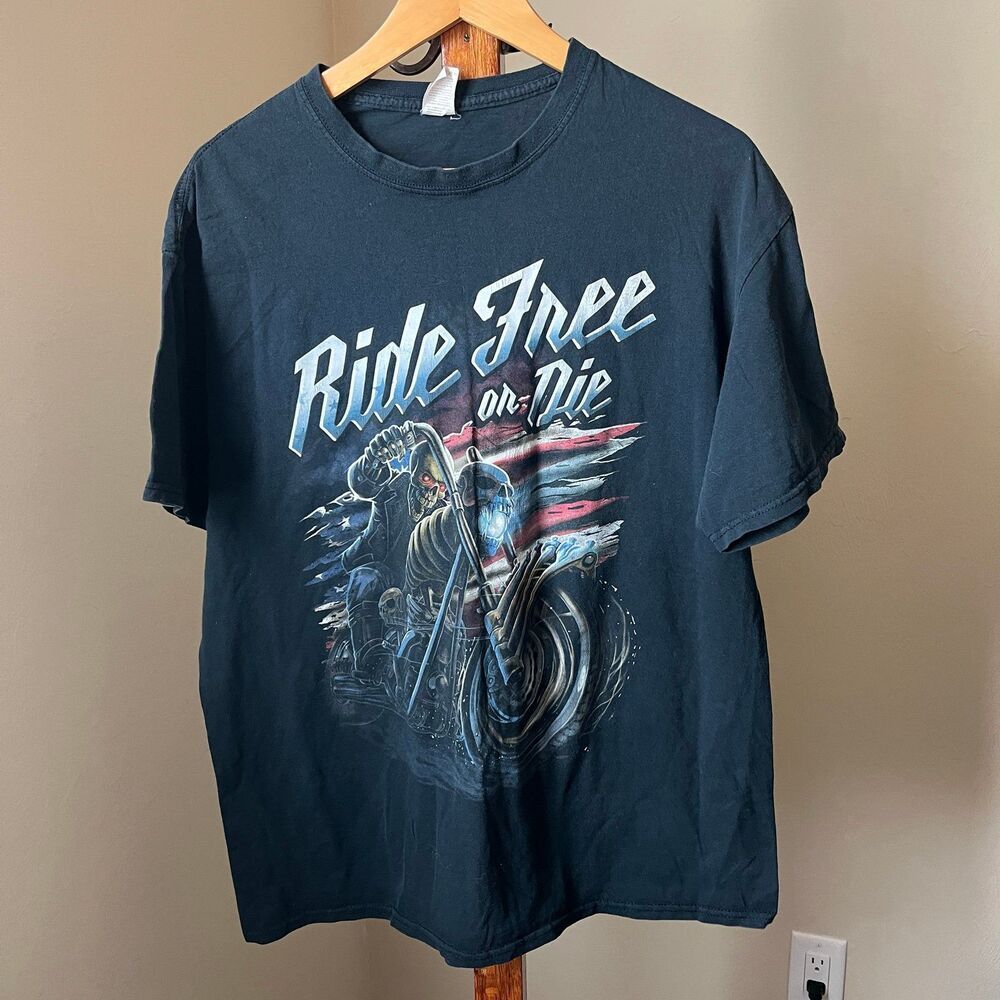 Motorcycle Skull TShirt Mens Large Black Ride Free or Die Biker Chopper Tee Bike